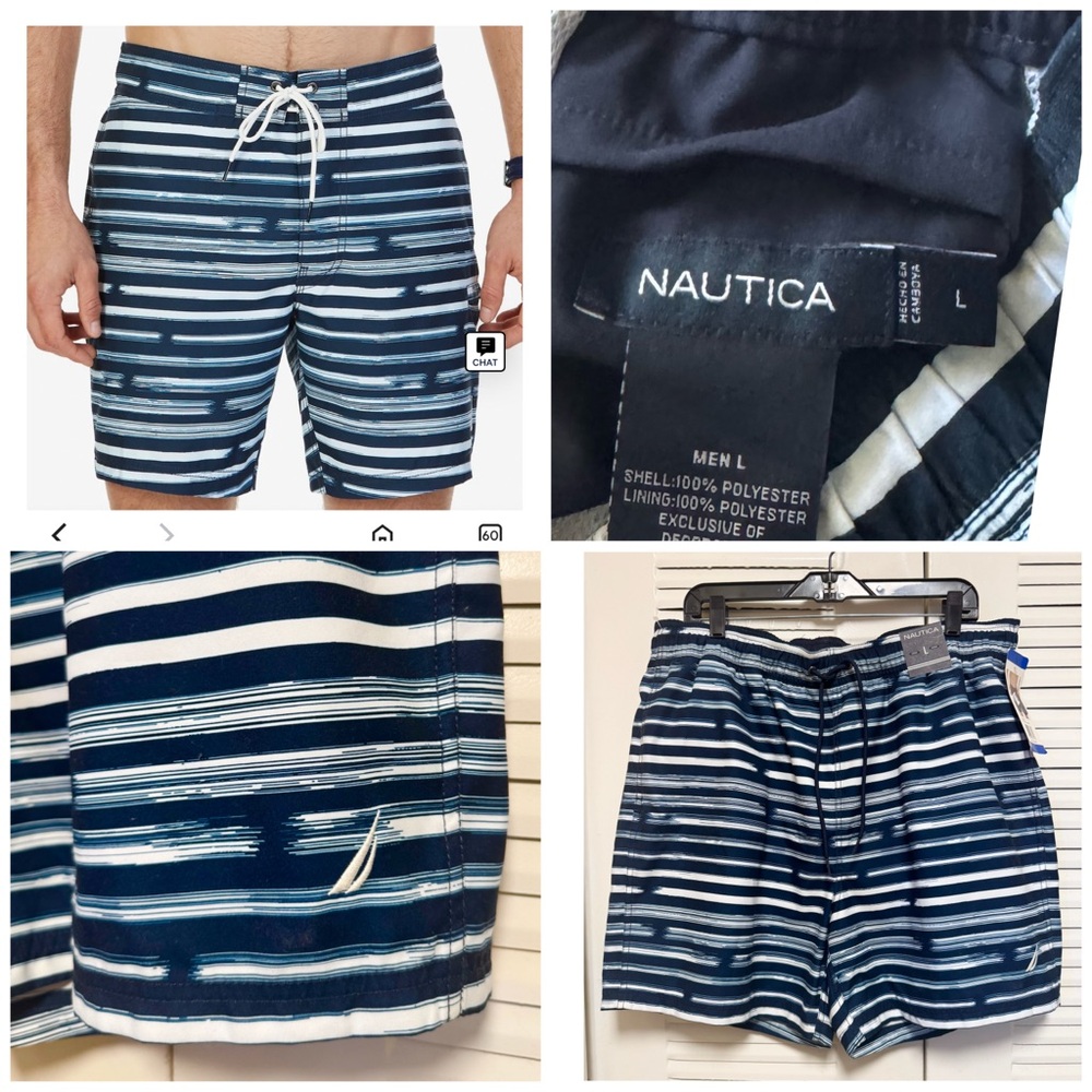 NWT NAUTICA Quick Dry Striped Swim Trunk Blue White Size Large Classic Swimwear